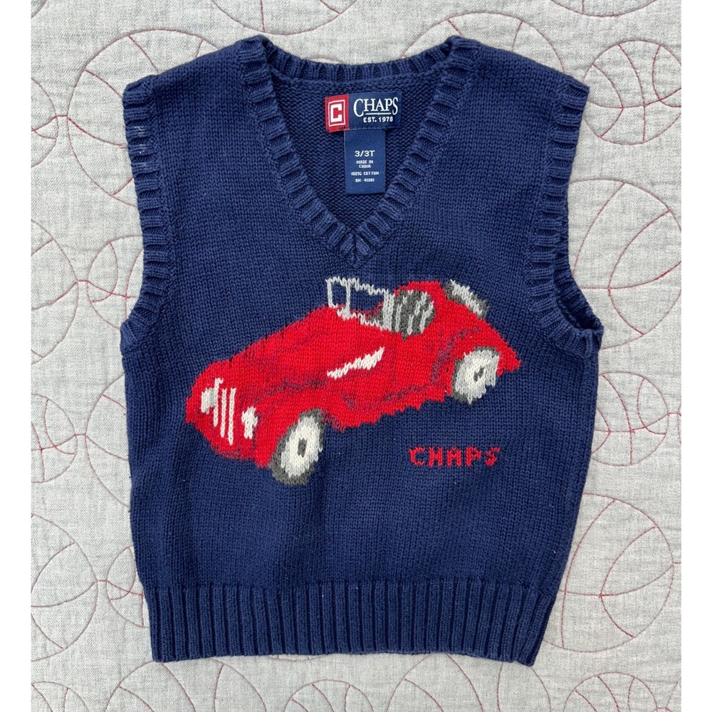 Chaps Knit Sweater Vest Navy Blue Car Knit / Boy's 3T